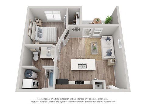Floor plan for 1 bed, 1 bath, 588 sqft